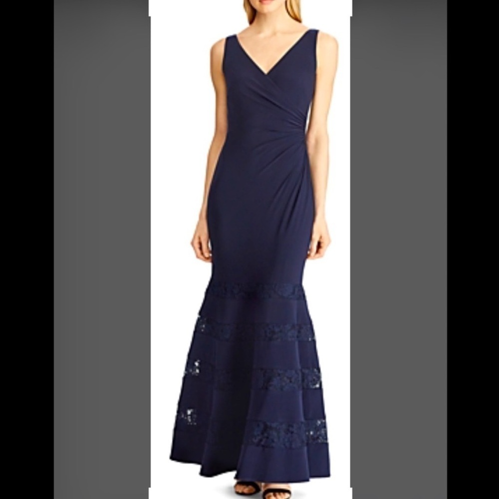 New Lauren Ralph Lauren evening Navy Jersey lace mermaid panel dress size 18